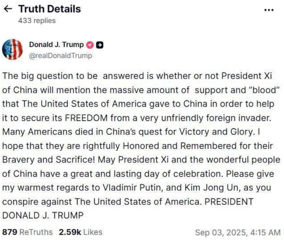 Трамп нагадав Китаю про роль США у Другій світовій війні та заявив про змову Росії, Китаю та КНДР