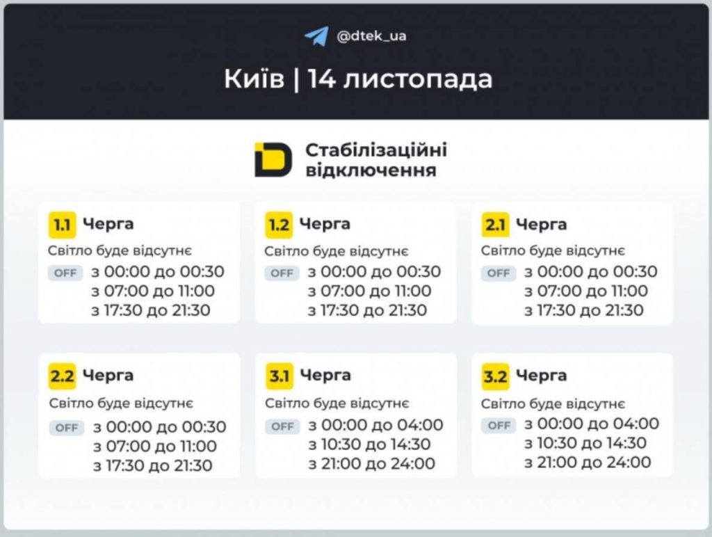 Графіки відключень світла 14 листопада в Києві: оновлені дані від ДТЕК