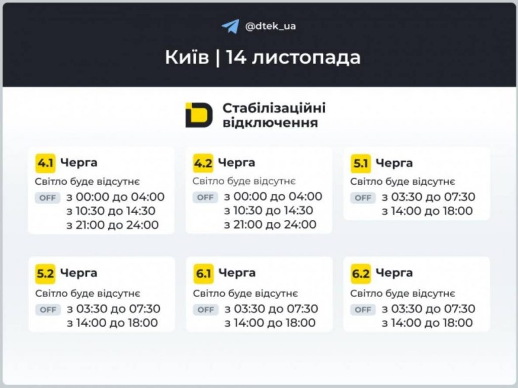 Графіки відключень світла 14 листопада в Києві: оновлені дані від ДТЕК