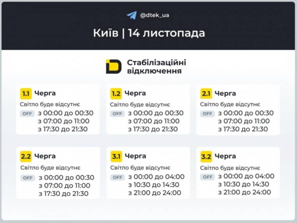 Графіки відключень світла 14 листопада в Києві: оновлені дані від ДТЕК