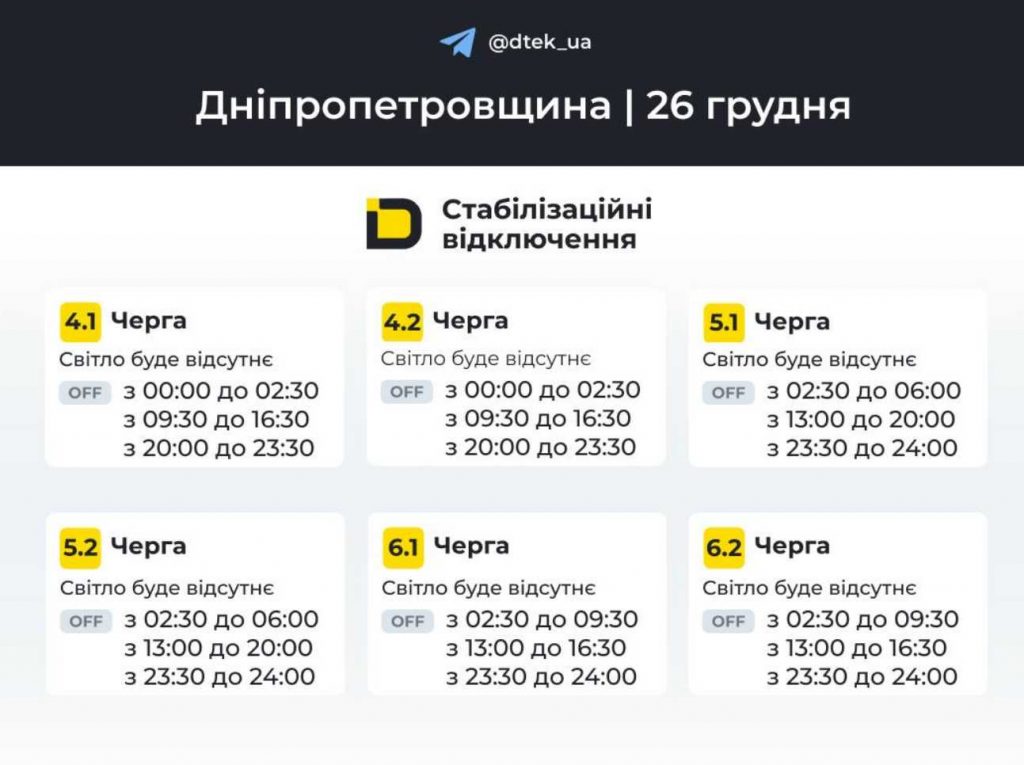 Відключення світла в Дніпрі 26 грудня 2025: графік по районах