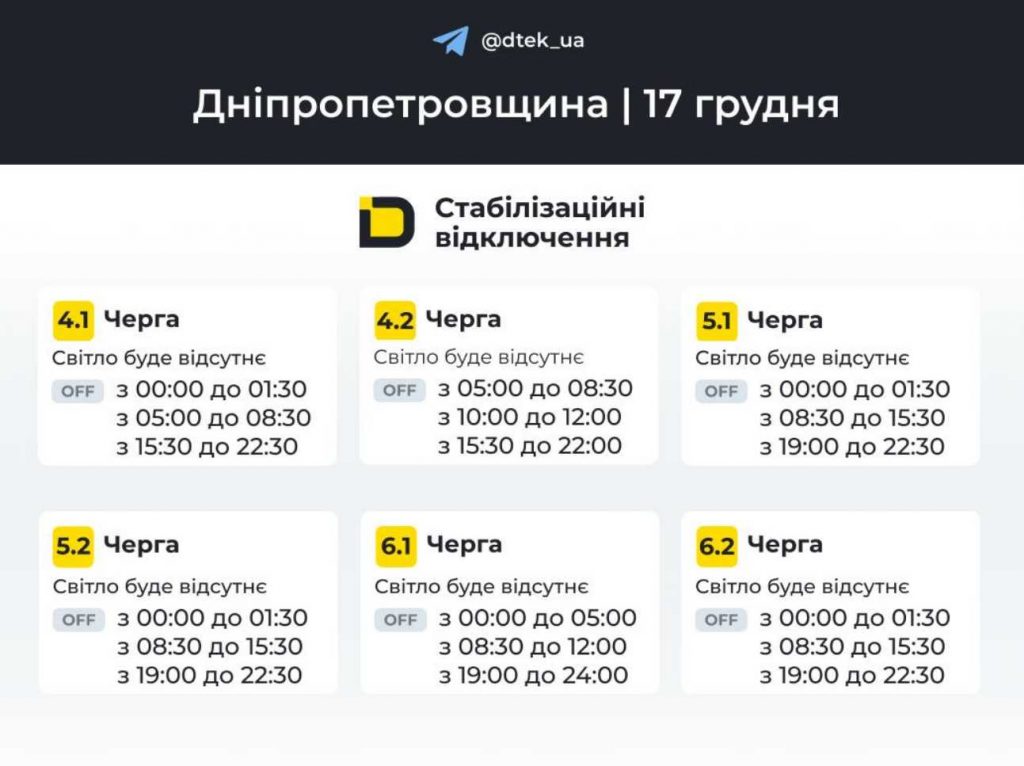 Як відключатимуть світло 17 грудня в Дніпрі та області: оновлені графіки відключень