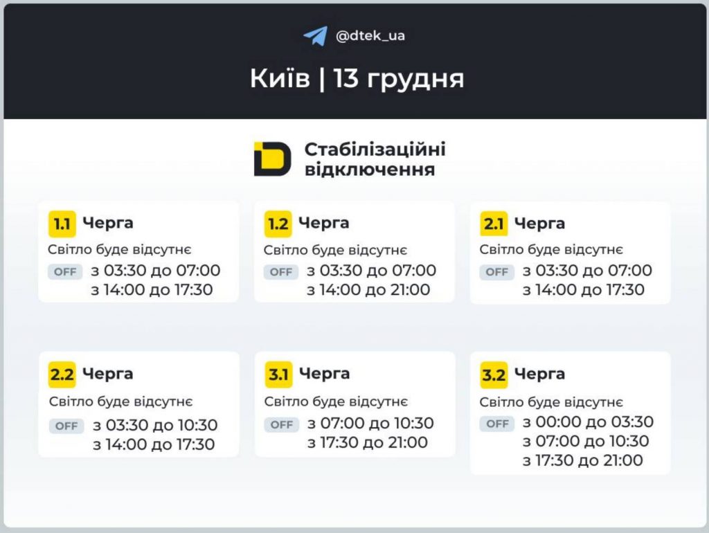 Як відключатимуть світло 13 грудня в Києві та області: оновлені графіки відключень