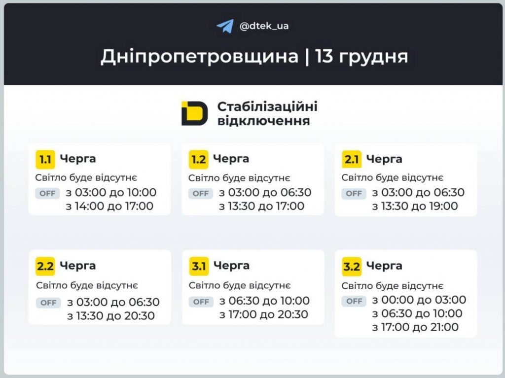 Як відключатимуть світло 13 грудня в Дніпрі та області: оновлені графіки відключень