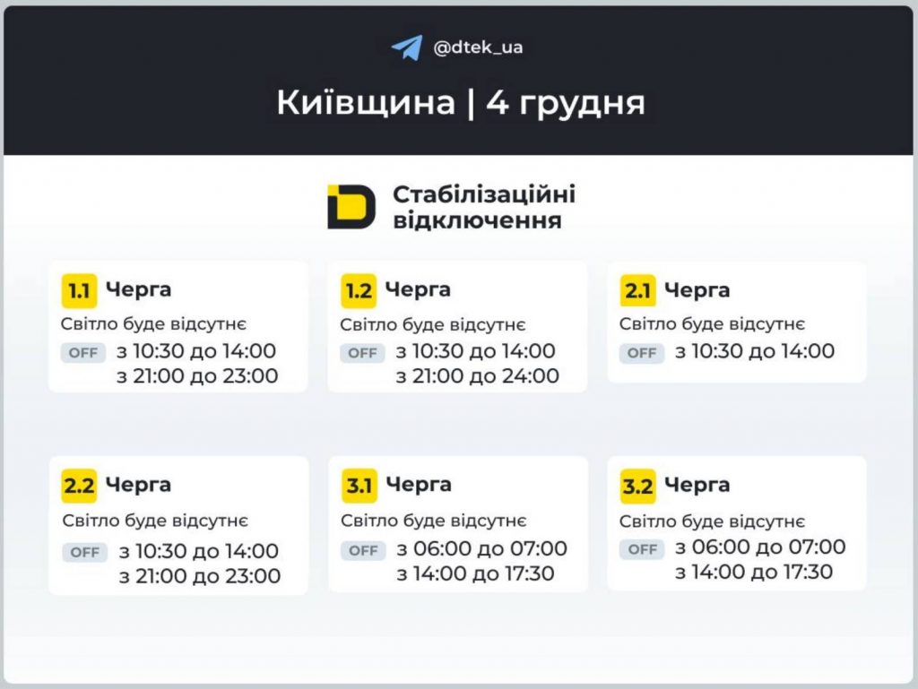 Як відключатимуть світло 4 грудня в Києві та області: оновлені графіки відключень