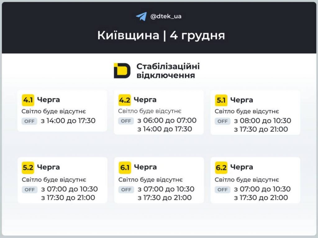 Як відключатимуть світло 4 грудня в Києві та області: оновлені графіки відключень