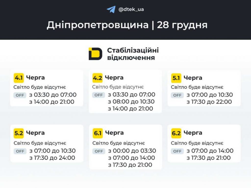 Відключення світла в Дніпрі 28 грудня 2025: графік по районах