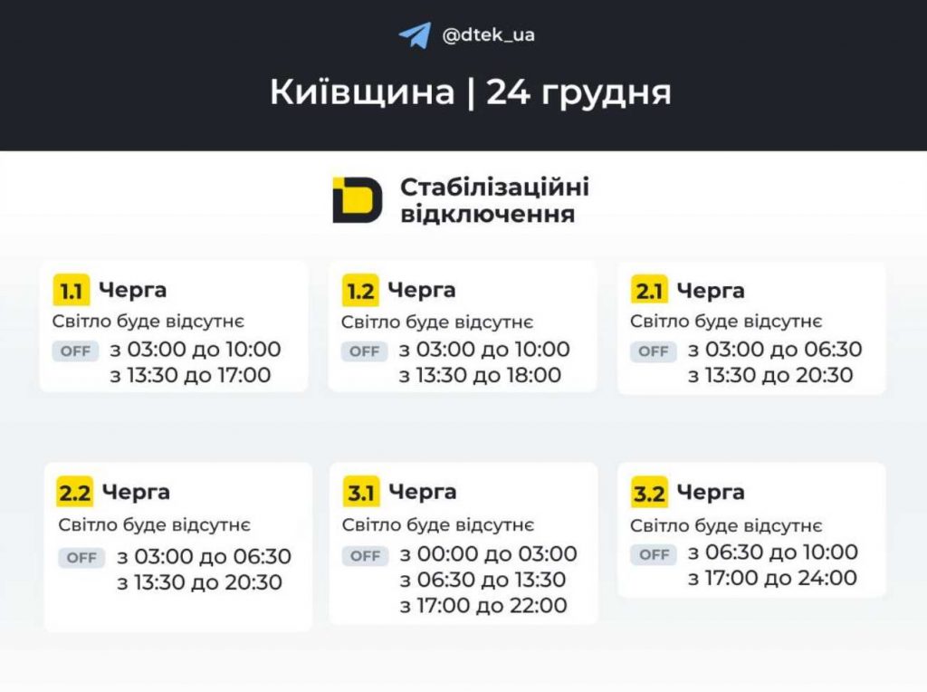 Київобленерго оновило графік відключень світла на 24 грудня