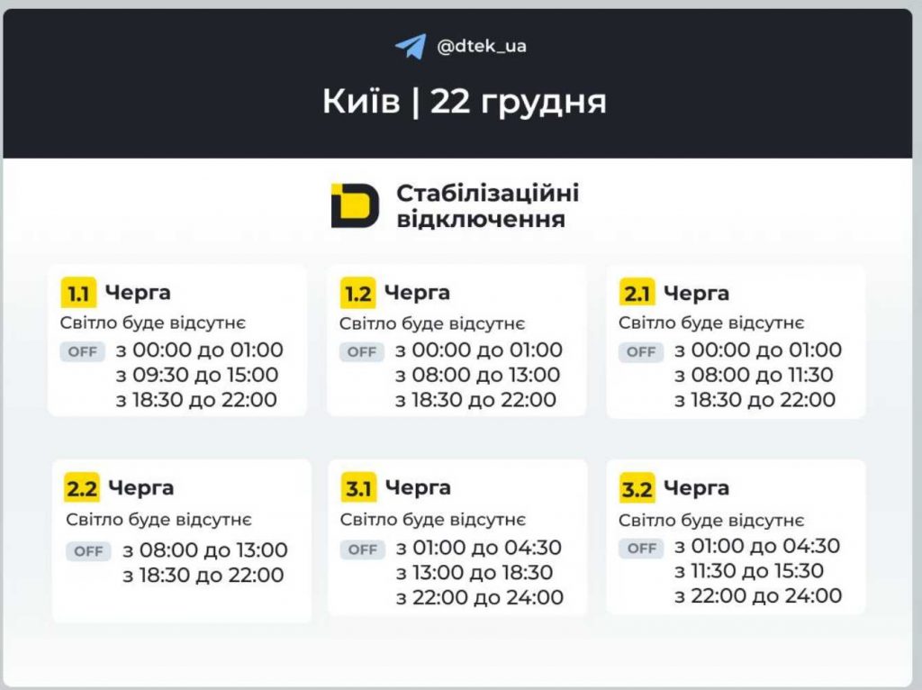 Як відключатимуть світло 22 грудня в Києві та області: оновлені графіки відключень