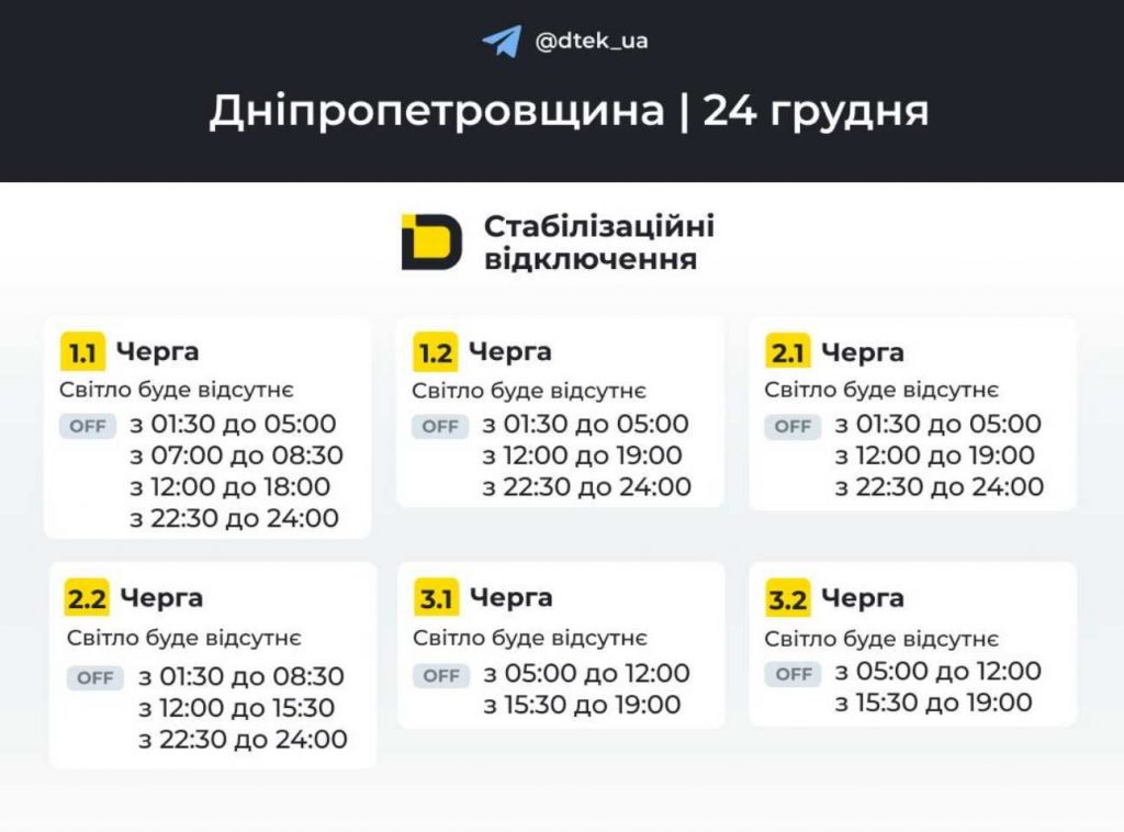 Коли не буде світла в Дніпрі та на Дніпропетровщині 24 грудня 2025