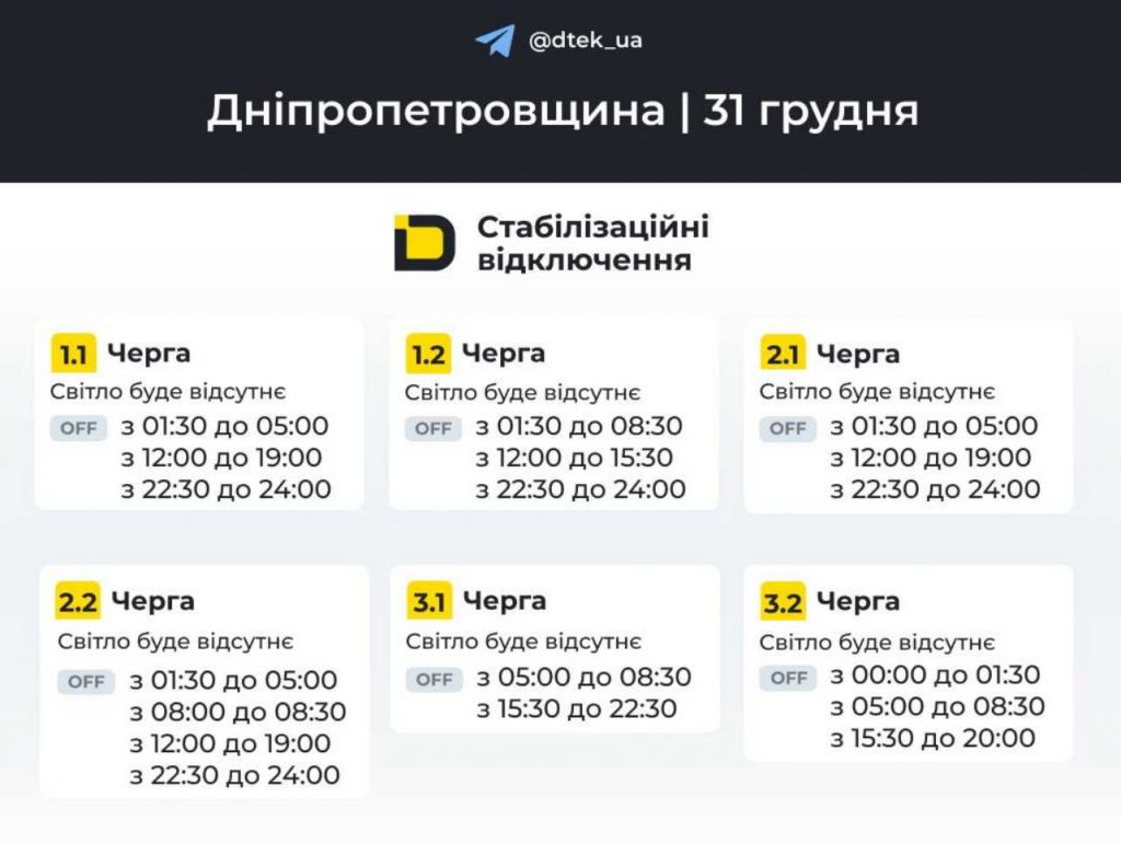 Відключення світла в Дніпрі 31 грудня 2025: графік по районах