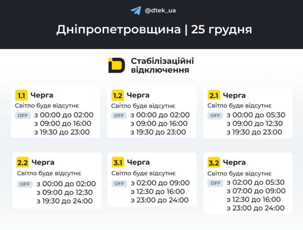 Відключення світла в Дніпрі 25 грудня 2025: графік по районах