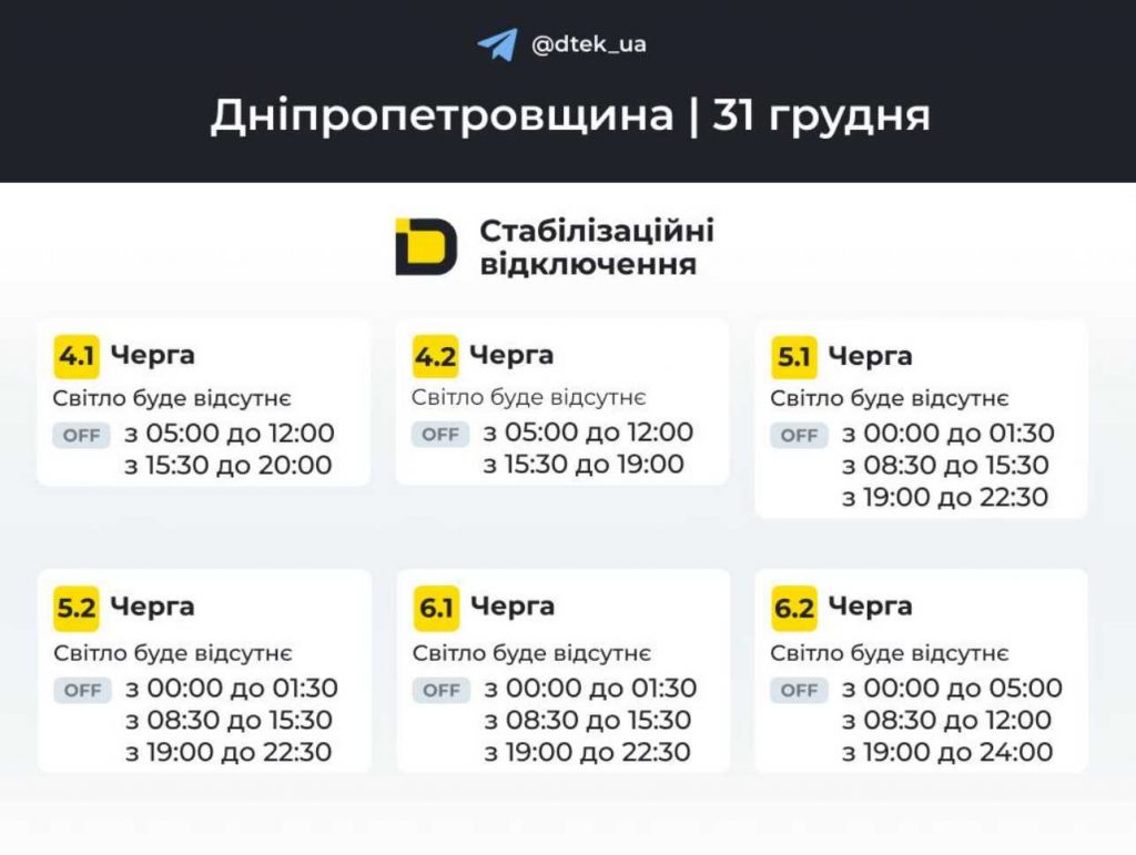 Відключення світла в Дніпрі 31 грудня 2025: графік по районах