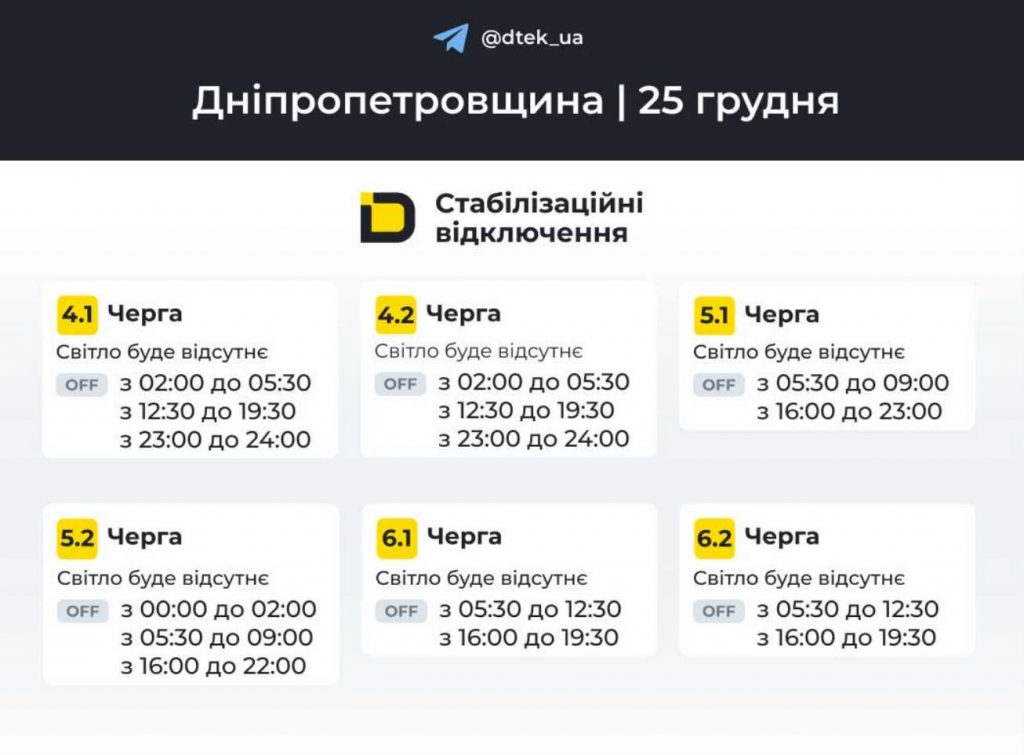 Відключення світла в Дніпрі 25 грудня 2025: графік по районах