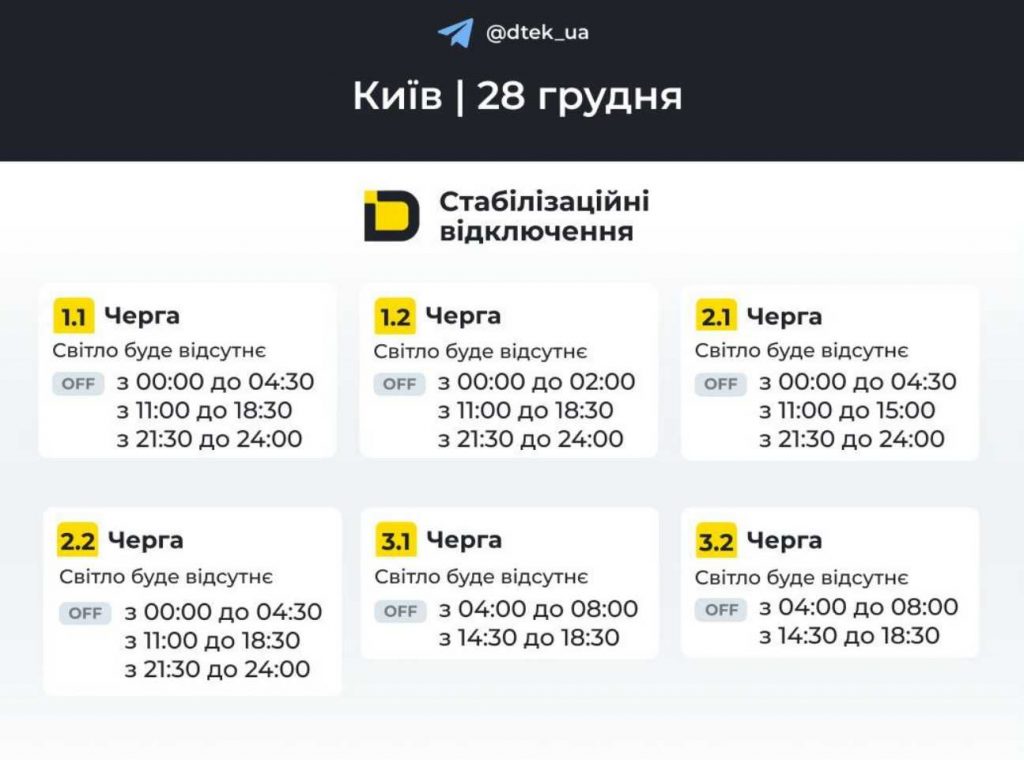 ДТЕК опублікував розклад відключень електрики в Києві на 28 грудня 2025