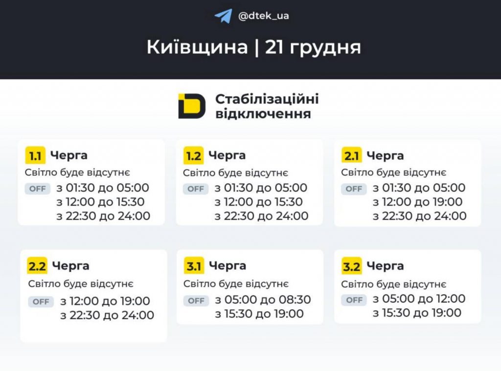 Як відключатимуть світло 21 грудня в Києві та області: оновлені графіки відключень
