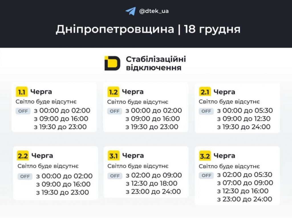Як відключатимуть світло 18 грудня в Дніпрі та області: оновлені графіки відключень