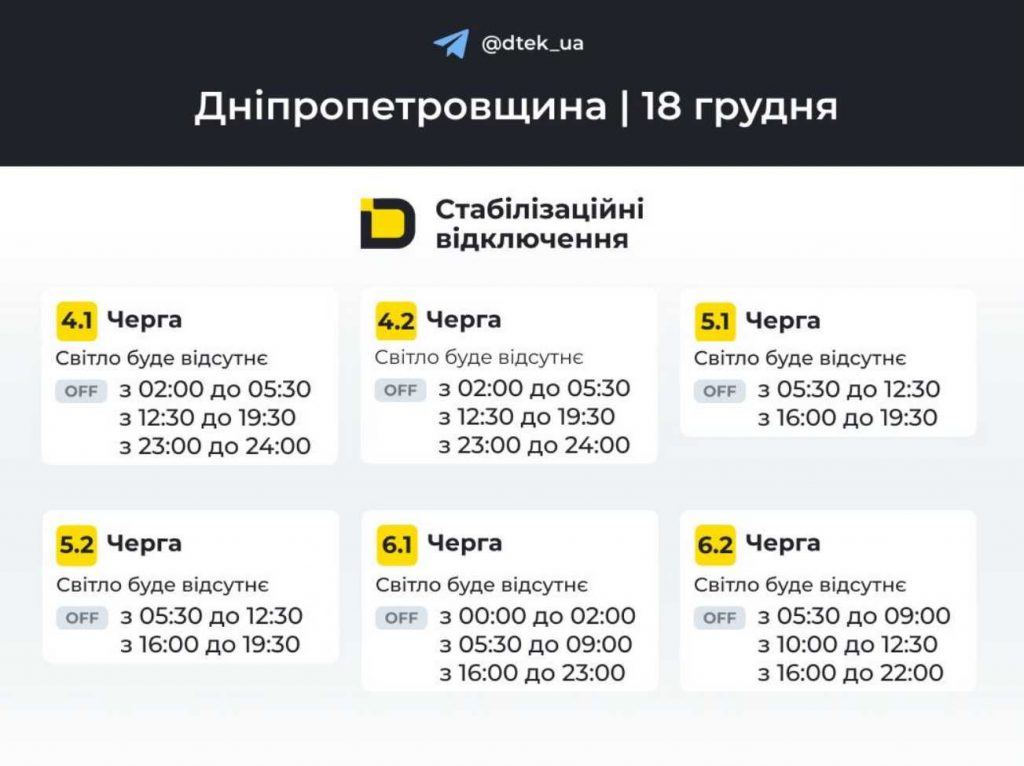 Як відключатимуть світло 18 грудня в Дніпрі та області: оновлені графіки відключень