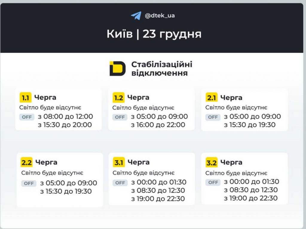 Оновлені графіки відключень світла на 23 грудня в Києві та області