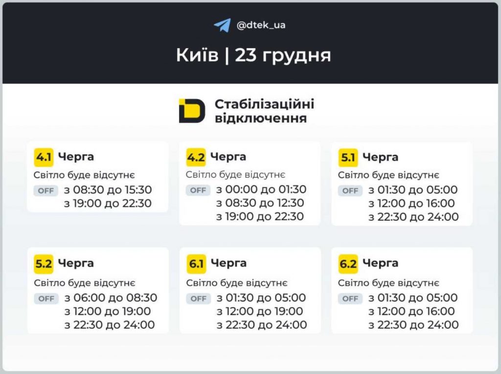 Оновлені графіки відключень світла на 23 грудня в Києві та області