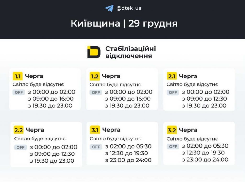 ДТЕК опублікував розклад відключень електрики в Києвщині на 29 грудня 2025