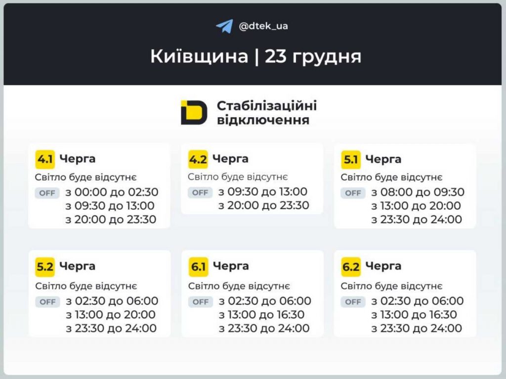 Оновлені графіки відключень світла на 23 грудня в Києві та області