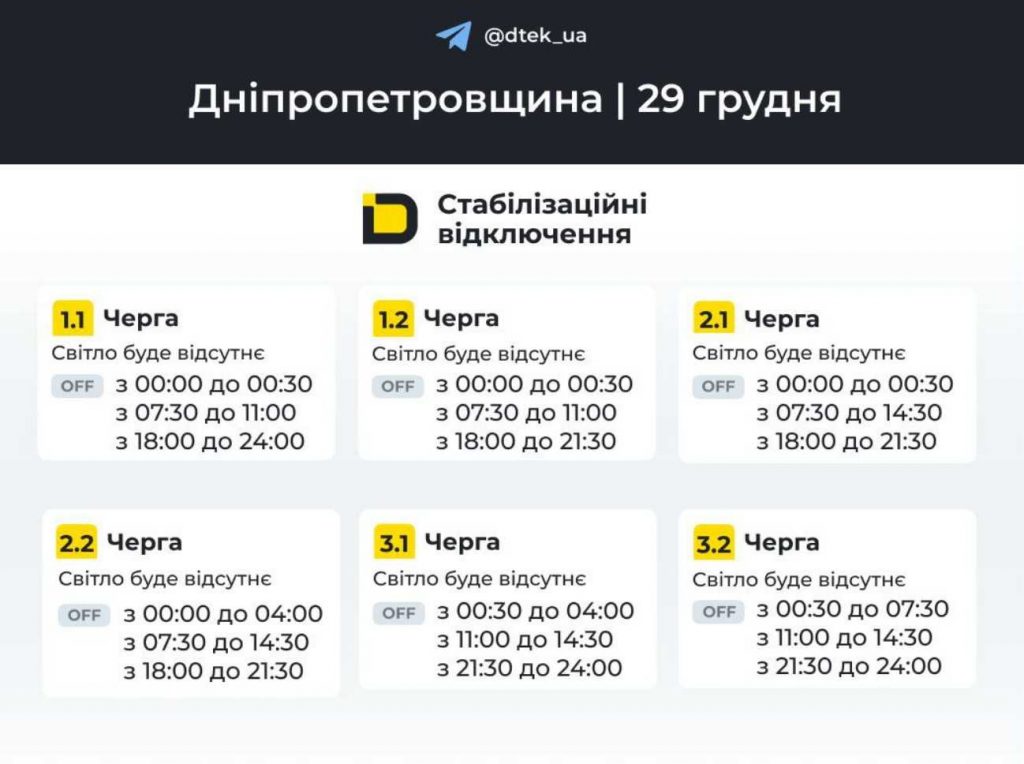 Відключення світла в Дніпрі 29 грудня 2025: графік по районах