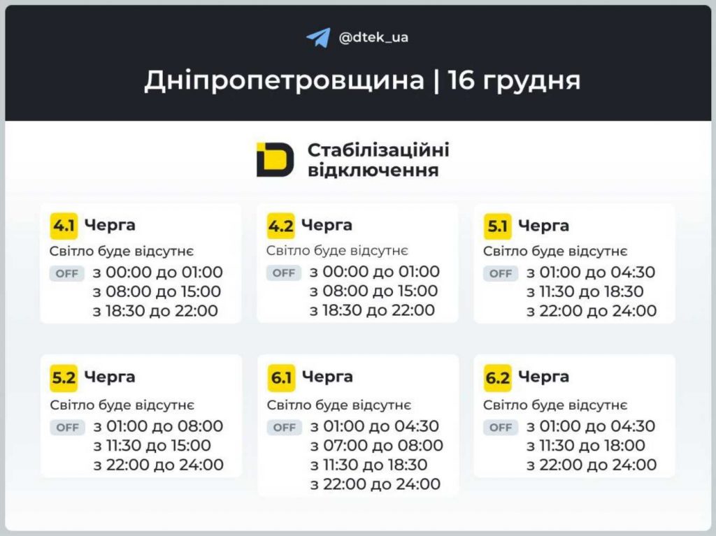 Як відключатимуть світло 16 грудня в Дніпрі та області: оновлені графіки відключень