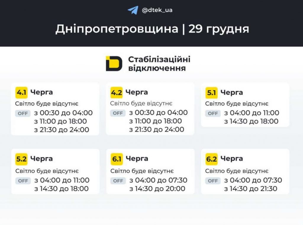Відключення світла в Дніпрі 29 грудня 2025: графік по районах