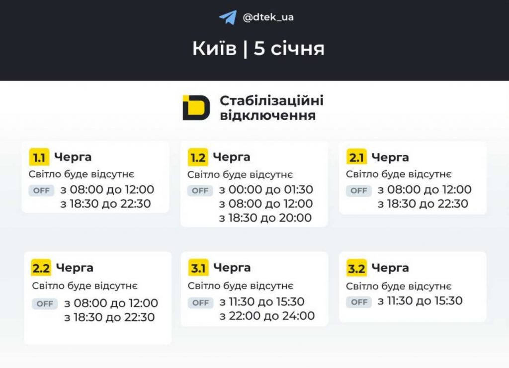 Планові відключення електрики у Києві та області 5 січня 2026: графік ДТЕК