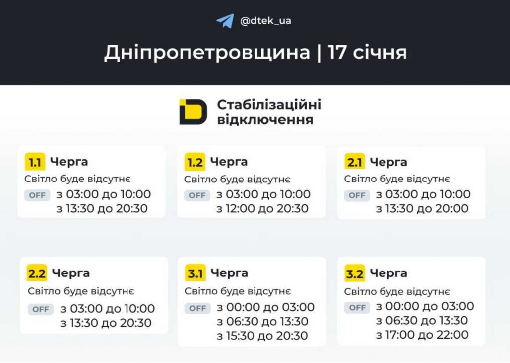 Планові вимкнення світла у Дніпрі та регіоні на 17 січня 2026: оновлені графіки