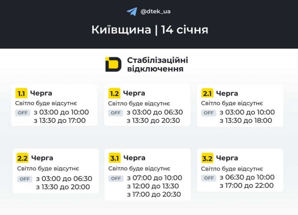 Як відключатимуть світло в Києві та області: графіки на 14 січня 2026