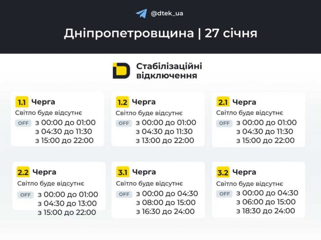 Електропостачання в Дніпрі 27 січня 2026: графіки вимкнень за чергами