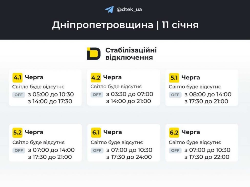 Відключення електроенергії у Дніпрі та області 11 січня 2026: час та черги