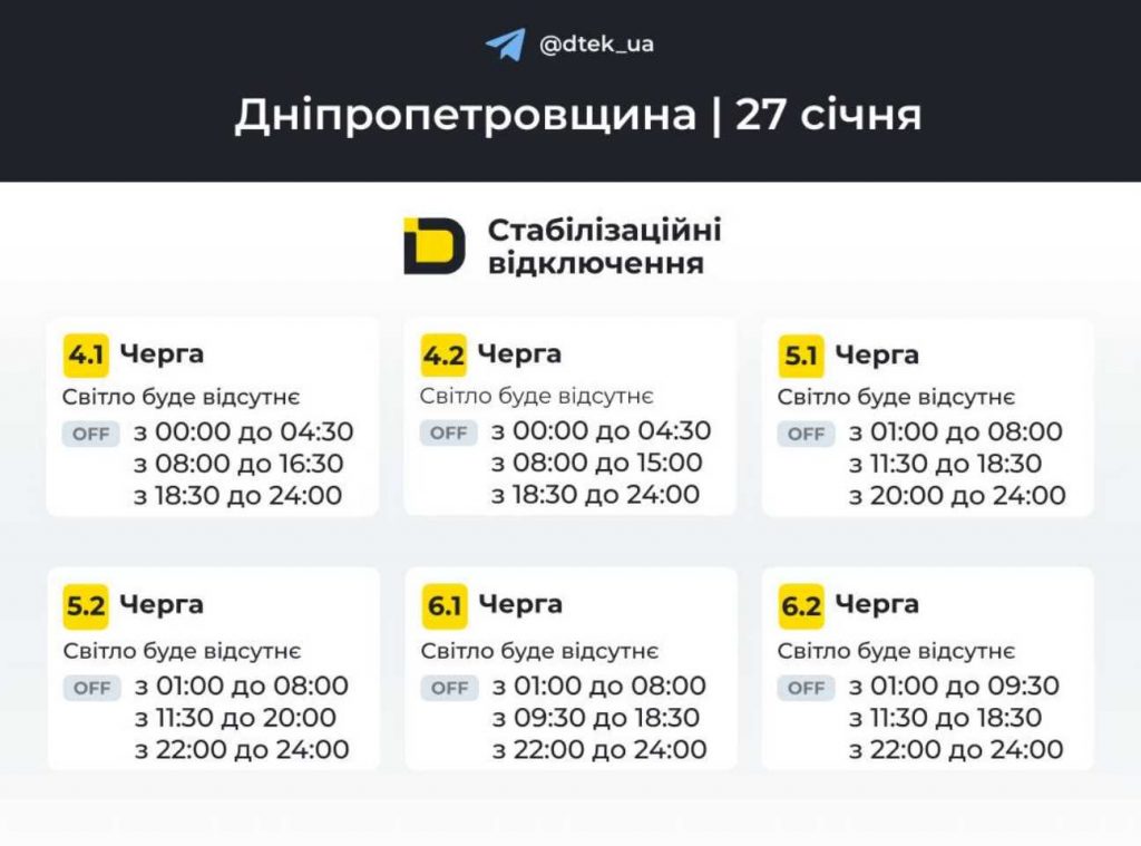 Електропостачання в Дніпрі 27 січня 2026: графіки вимкнень за чергами
