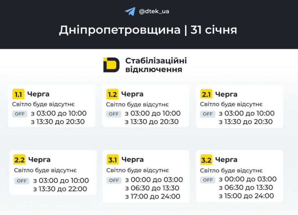 Відключення світла в Дніпрі та області 31 січня: оновлений погодинний графік