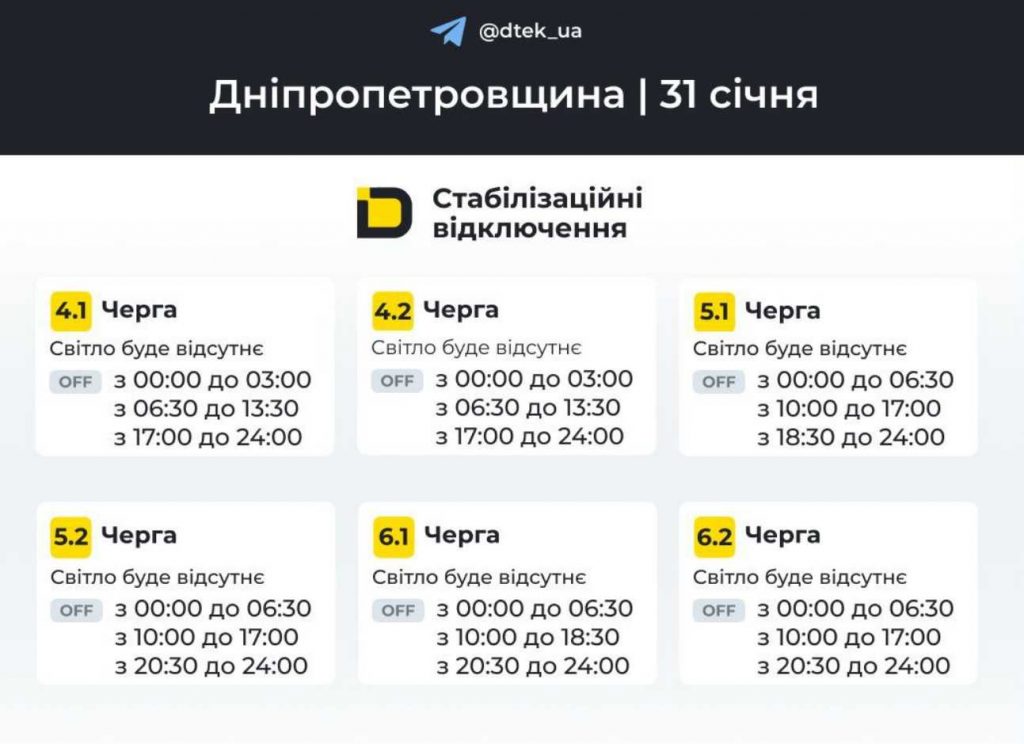 Відключення світла в Дніпрі та області 31 січня: оновлений погодинний графік