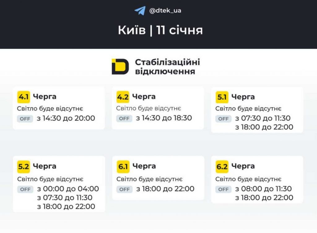 Планові відключення світла в Києві та області 11 січня 2026 року: оновлені дані ДТЕК