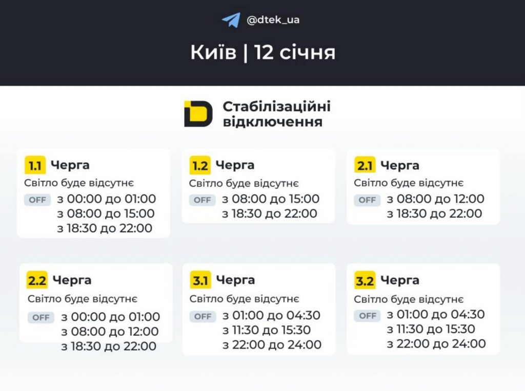 Планові відключення світла в Києві та області 12 січня 2026: оновлені графіки