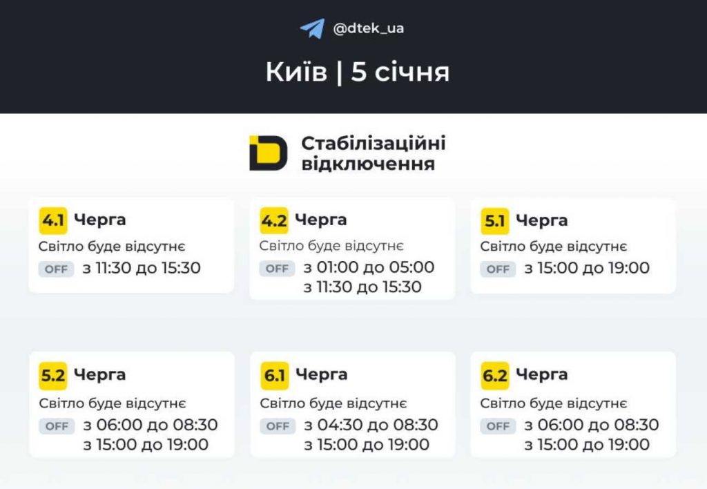 Планові відключення електрики у Києві та області 5 січня 2026: графік ДТЕК
