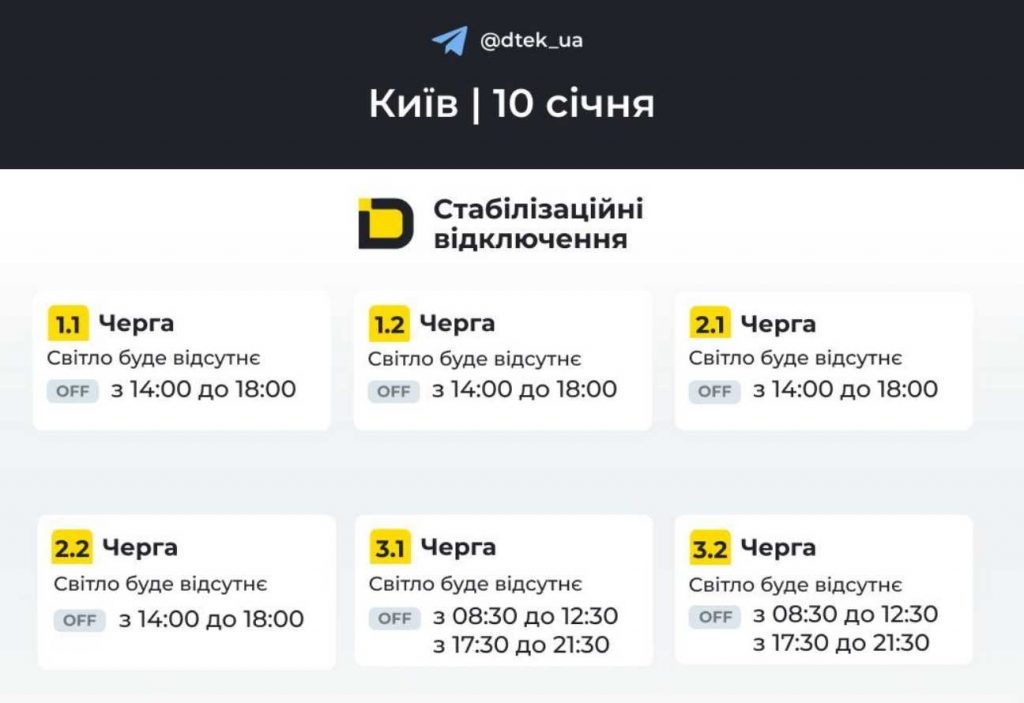 Графік відключень світла в Києві та області на 10 січня 2026 року: оновлені дані