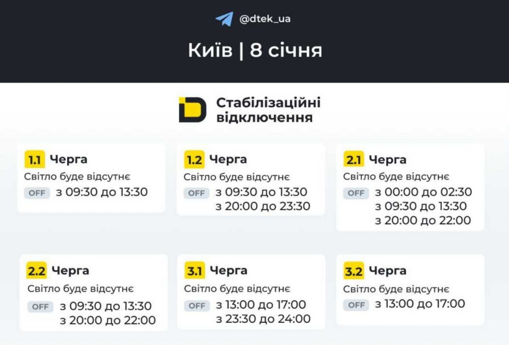 Планові відключення світла у Києві та області 8 січня 2026 року: оновлені графіки