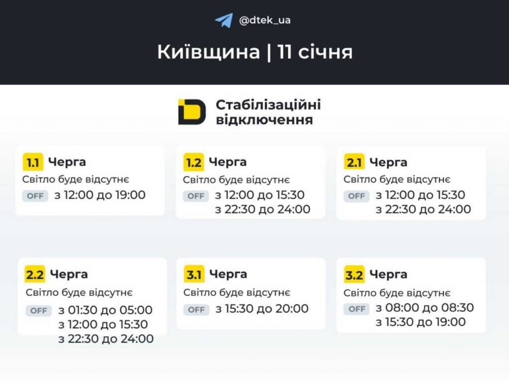 Планові відключення світла в Києві та області 11 січня 2026 року: оновлені дані ДТЕК