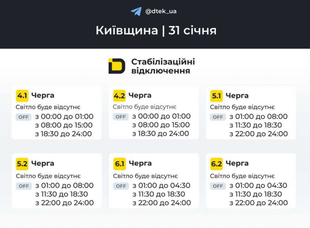 Новий графік відключень світла в Києві та області на 31 січня 2026