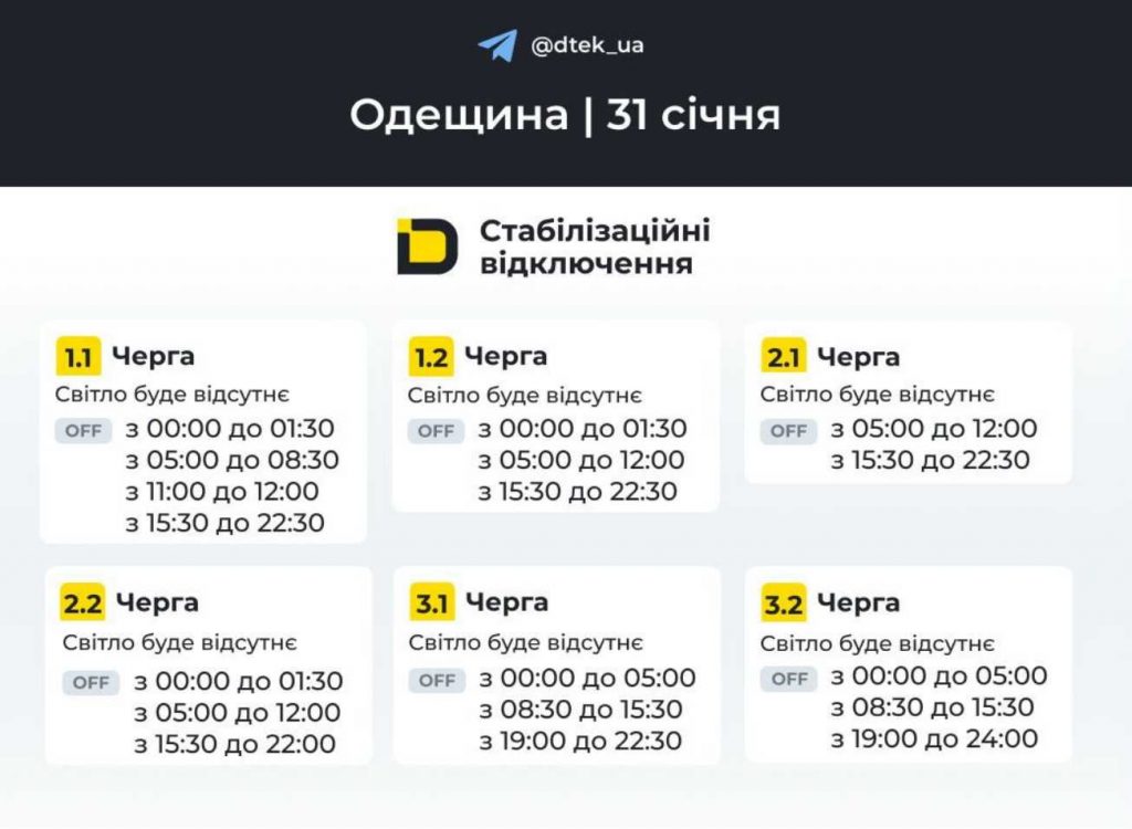Погодинні відключення електрики в Одесі та області 31 січня 2026: оновлений графік та черги