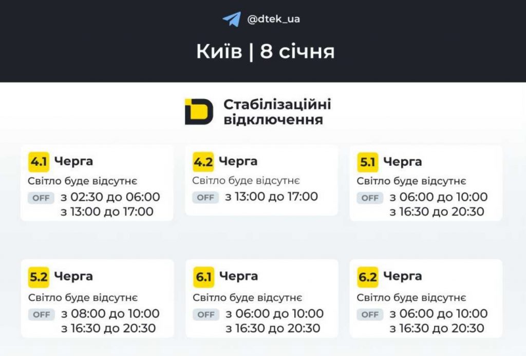 Планові відключення світла у Києві та області 8 січня 2026 року: оновлені графіки