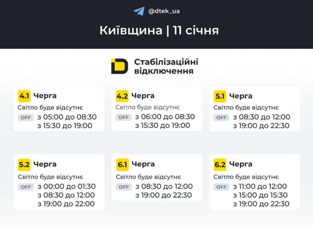 Планові відключення світла в Києві та області 11 січня 2026 року: оновлені дані ДТЕК