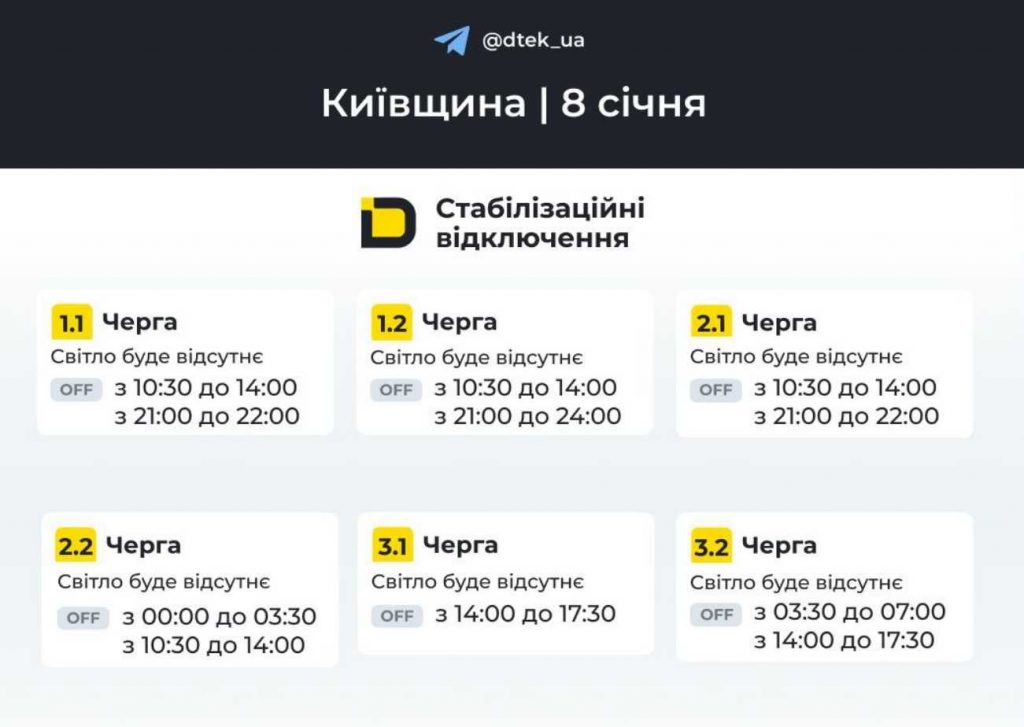 Планові відключення світла у Києві та області 8 січня 2026 року: оновлені графіки