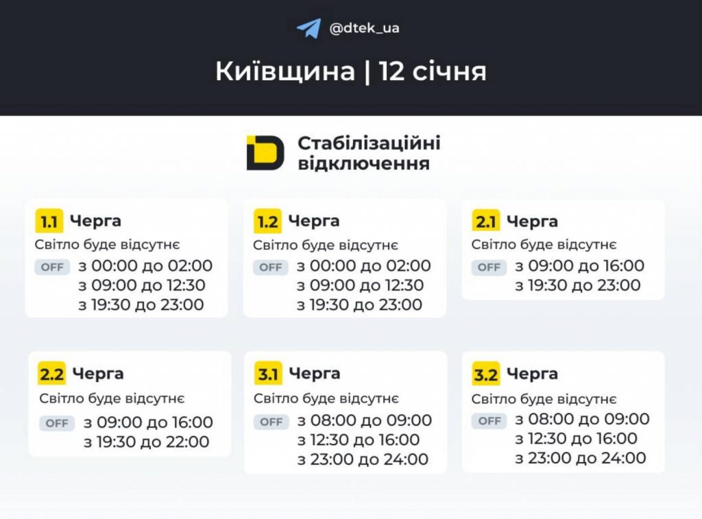 Планові відключення світла в Києві та області 12 січня 2026: оновлені графіки