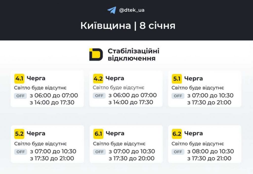 Планові відключення світла у Києві та області 8 січня 2026 року: оновлені графіки
